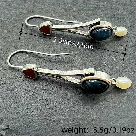 Silver Vintage Handmade Boho Geometric Stone Dangle Earrings - Picture 5 of 5